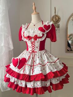 [$59.75]White and Red Puff Sleeves Floral Dress Sweet Lolita One Piece Candy Inspired Outfits, Lovecore Fashion, Puffy Skirt, Red And White Dress, Puffy Dresses, 2 Hearts, Punk Dress, Dream Aesthetic, Heart Dress