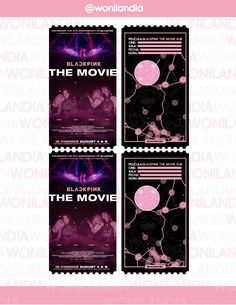 the movie poster is shown in three different colors and sizes, including black, pink, purple