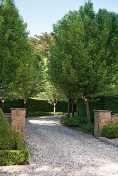 a gravel road with trees and bushes on both sides that lead to a stone walkway