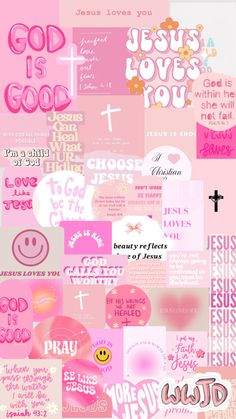 pink and white collage with the words jesus is god