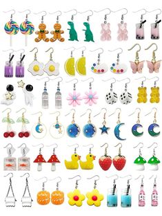 Cute Weird Earrings Set - 30 pairs different cute weird earrings in a set, including moon star astronaut earrings, milk tea earrings, planet earrings, duck earrings, gummy bear earrings, dinosaur earring, goldfish earring, water bottle earring, lollipop earring, mushroom earring, strawberry earring and so on. A variety of styles of earrings meet the needs of more people. Novel and Adorable Earring - These aesthetic dangle earrings have cute shapes and lively styles, wearing them will easi... Indie Earrings, Weird Earrings, Crazy Earrings, Earrings Funny, Funny Earrings, Bottle Earrings, Kawaii Earrings, Y2k Accessories, Earrings Aesthetic