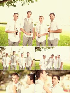 several shots of men in white shirts and ties posing for pictures with their beer bottles