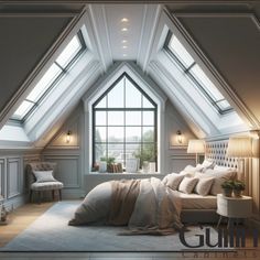 an attic bedroom with white walls and windows