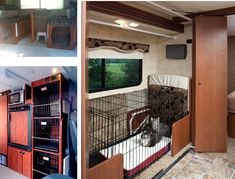 the inside of a travel trailer with two beds and an animal cage