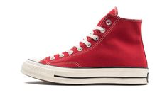 The Converse Chuck 70 Hi “Red” is a classic look for the ubiquitous Chuck Taylor All Star model by Converse. The Chuck 70 Hi is based on the original early ‘70s-era version of the shoe that featured a sturdy, raised midsole, durable materials, and plenty of casual appeal. For this design, Converse utilizes red canvas on the upper with white contrast stitching around the eyelet and forefoot area. Both the white Converse Chuck Taylor All Star patch stitched onto the medial side of the shoe and rub Red Converse Chuck 70, Design Converse, Converse Off White, Character Closet, Coachella Vibes, Red Outfits, Red Princess, Converse Chuck Taylor White, Red Converse