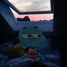 a cartoon character sitting on top of a bed next to a window at night with the sun setting in the background