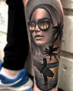 a woman with sunglasses and a surfboard on her arm