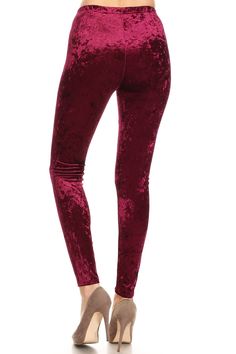 - Oh, hello crushed velvet, my old friend. So happy to see you again.- Crushed velvet leggings in burgundy and black. - Elastic waist, sits high. - These would look so cute paired with a long chunky sweater. About The Fit: I recommend sizing up one. Model's measurements are 38” bust x 29½” waist x 41” hips and a woman’s size 8-10. 5’5” tall. Photographed wearing a large. Burgundy Stretch Leggings For Fall, Stretch Burgundy Leggings For Fall, Velvet Leggings, See You Again, Chunky Sweater, Crushed Velvet, So Happy, See You, So Cute