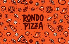 the words rondo pizza are surrounded by different types of food and vegetables on an orange background