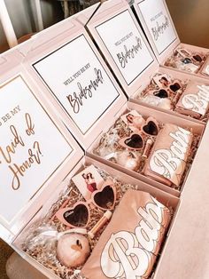 the boxes are filled with personalized items for bride and grooms to use on their wedding day