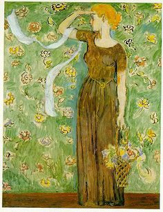 a painting of a woman standing in front of a green wall with flowers on it