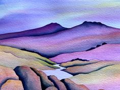 watercolor painting of mountains and valleys in the desert with purple hues on them