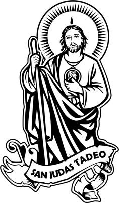 an image of jesus holding the cross in his hands with scroll around it and banner