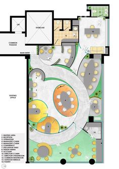 an aerial view of a parking lot with lots of tables and chairs around it, as well as the ground plan