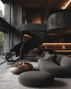 a living room filled with furniture and a spiral staircase