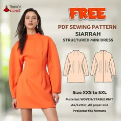 a woman in an orange dress with the text free sewing pattern for this long sleeved mini