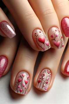 37 Short Valentine Nails That Aren't Short On Love Valentine's Day, Nail Designs, Nail Art, Valentines, Nails, Flowers, Pink, Art, Nail Arts