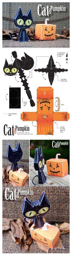 the instructions for how to make paper pumpkins with cat and pumpkin faces on them