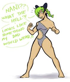 a woman in a bathing suit with green hair and an expression that says, nan? what the hell? looks like something my dad would wear