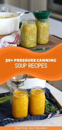 three jars filled with soup sitting on top of a table