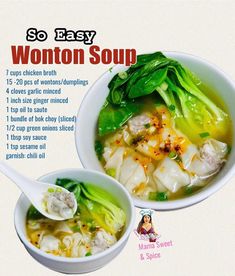 a bowl of wonton soup with broccoli and spinach on the side