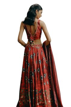 Red padded blouse featuring aari, sequin, resham, zardozi hand embroidery with tassel tie-up back. Paired with a can-can attached, box pleated, kalamkari print lehenga and a stripe pattern dupatta. - Aza Fashions Print Lehenga, Kalamkari Print, Lehenga Pattern, Printed Lehenga, Padded Blouse, Dupion Silk, Box Pleats, Set For Women, Aza Fashion