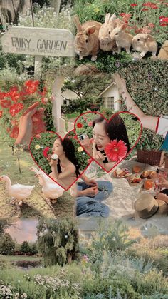 a collage of two women sitting on the ground in front of flowers and rabbits