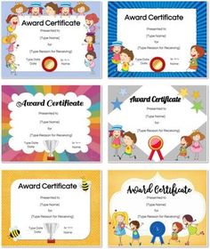 children's award certificates with cartoon characters and stars on the front, in different colors