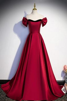 Elegant Off-Shoulder Satin Ball Gown Prom Dress Simple, Satin Long Prom Dress, Prom Dresses Simple, Cheap Prom Dresses Long, Dress With Cap Sleeves, Burgundy Prom Dress, Dress Simple, Stunning Gowns, Prom Night