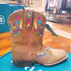 These Are A Super Cute Girls Boot With Bright Floral Print Cute Multicolor Spring Boots, Ariat Fat Baby Boots Women's, Kids Ariat Boots, Infant Cowgirl Boots, Spring Floral Embroidered Multicolor Boots, Multicolor Floral Embroidered Round Toe Boots, Ariat Shoes, Girls Boots, Tan Color