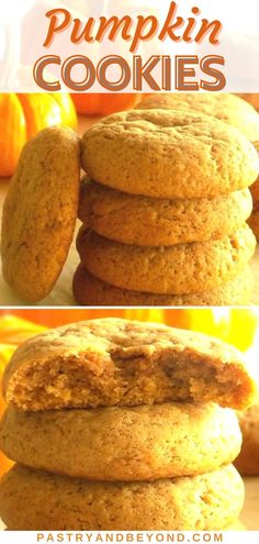 pumpkin cookies stacked on top of each other with text overlay that reads, pumpkin cookies