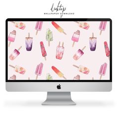 an apple computer screen with popsicles and watercolors on the screen, all in pink