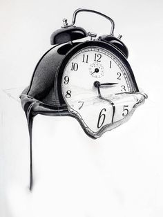 a drawing of an old fashioned alarm clock dripping from it's mouth with water running down the side