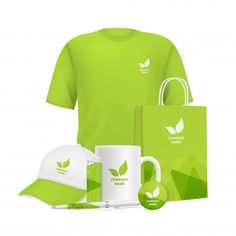 a green t - shirt, hat, mug and other items are shown in this image