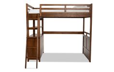 a wooden bunk bed with a desk underneath it