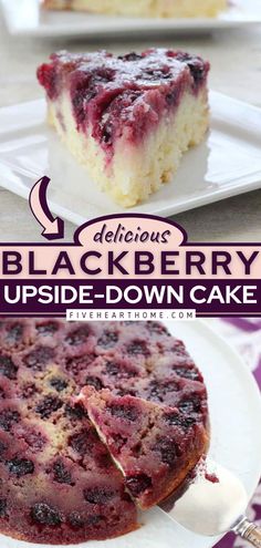 a slice of black berry upside down cake on a plate