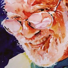 an older man with glasses and a green shirt is smiling at the camera in this watercolor painting