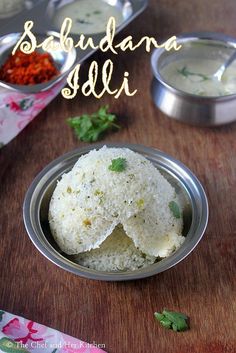 some food is sitting in bowls on a table with the words sabudana salli written above it