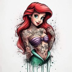 the little mermaid has tattoos on her back and chest, while she is wearing a green skirt