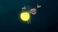 a cartoon character floating in the air with his arms out and eyes wide open next to a glowing ball