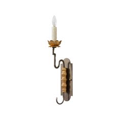 a wall mounted light with a candle on it's side and a hook in the middle