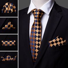 Orange Black Plaid Tie Pocket Square Cufflinks Gift Box Set Elegant Suit And Tie Accessories With Gift Box, Rectangular Pocket Square As A Gift, Gold Tie For Father's Day Gift, Gold Tie Gift For Father's Day, Classic Pocket Square For Gift, Elegant Suit And Tie Accessories Gift Box, Classic Brown Suit And Tie Accessories As Gift, Plaid Tie, Tie Set