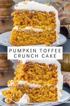 pumpkin toffee crunch cake with white frosting on two plates, one is cut in half