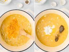 two images showing the process of making soup in one pot and then adding cheese to the other