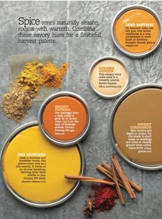 an advertisement for spices and seasonings on the side of a table with different colors