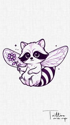 a drawing of a raccoon holding a flower in it's paws and sitting on top of a bee