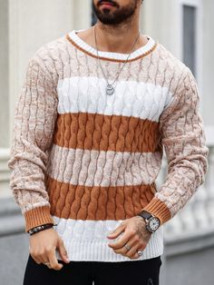 Champagne Casual Collar Long Sleeve Knitwear Colorblock Pullovers Embellished Non-Stretch  Men Clothing Sweaters Outfit, Best Friends Forever Images, Kidswear Trends, Mens Knit Sweater, Men's Knit, Sweater Weather