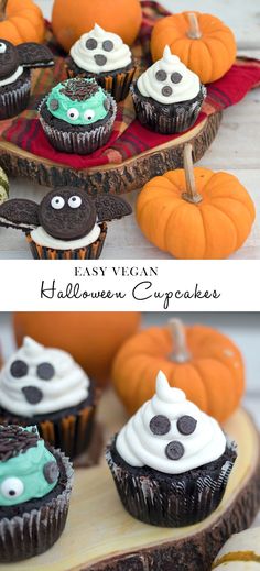 halloween cupcakes with white frosting and black icing are on a wooden platter