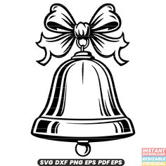 a black and white drawing of a bell with a bow on it's top