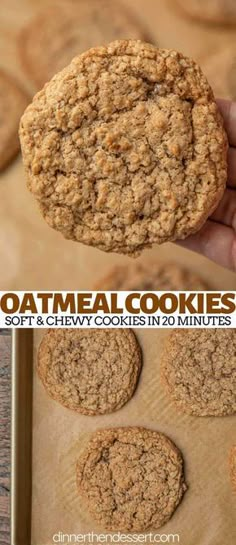 an oatmeal cookie is being held up in front of the camera and then on